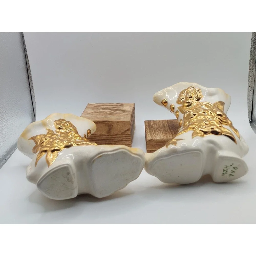 Vintage White Gold Ceramic Boot Planter Pair Rose Floral Shabby Chic Victorian